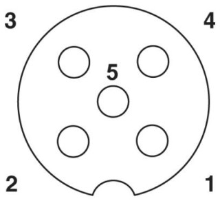 Схематический чертеж, Расположение контактов штыревой части М12, 5 контакта, с механическим ключом типа А, вид со стороны штыревых контактов
