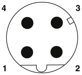 Схематический чертеж, Расположение контактов штыревой части М12, 4 контакта, с механическим ключом типа D, вид со стороны штыревых контактов