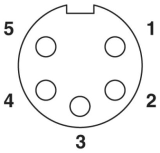 Схематический чертеж, Расположение контактов гнездового разъема 7/8'-16UNF, 5 контактов, вид со стороны гнездовой части