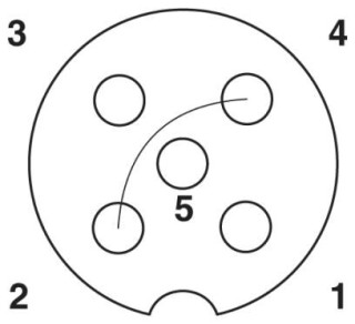 Схематический чертеж, Расположение контактов гнездового разъема М12, 5 контакта, выводы 2 + 4 с перемычкой, с механическим ключом А-типа, вид со сторо...