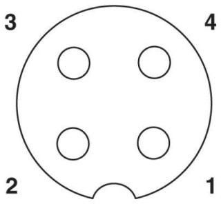 Схематический чертеж, Расположение контактов гнездового разъема М12, 4 контакта, с механическим ключом А-типа, вид со стороны гнездовой части
