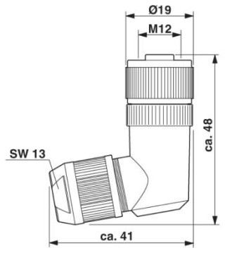 Чертеж, Гнездовая часть разъема M12 х 1, угловая