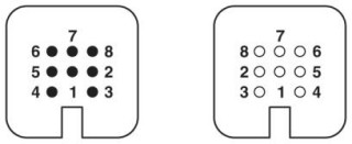 Схематический чертеж, Расп. полюсов, стор. подкл.: штыр. часть - слева, гнезд. часть -справа