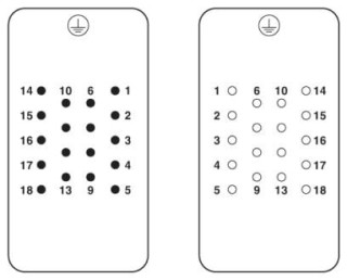 Схематический чертеж, Расп. полюсов: штыр. часть -слева, гнезд. часть - справа