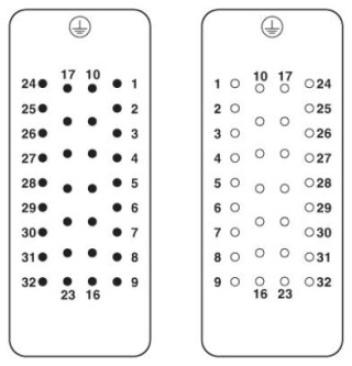 Схематический чертеж, Расп. полюсов: штыр. часть -слева, гнезд. часть - справа