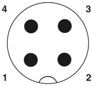 Схематический чертеж, Расположение контактов штыревого разъема М12, 4 контакта, с механическим ключом А-типа, вид со стороны штыревой части