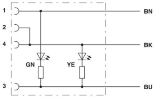 Электрическая схема, Цоколевка контактов гнездовой части разъема M12 с 2 светодиодами, с перемычкой