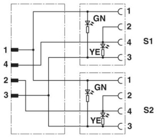 Электрическая схема, Схема расположения контактов вилки M12 и розетки М12, со светодиодами, с перемычкой