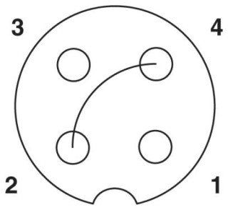 Схематический чертеж, Расположение контактов гнездового разъема М12, 3 контакта, выводы 2 + 4 с перемычкой, с механическим ключом А-типа, вид со сторо...