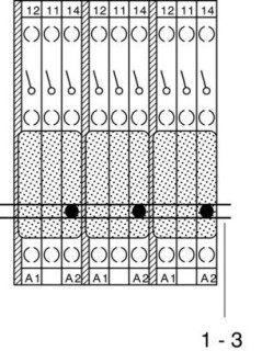 Схематический чертеж, 1-3 = винтовые мостики, шина для поперечного соединения, промежуточная деталь