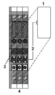 Схематический чертеж, 1 = Соединительный штекерный модуль, 2 = Механический ключ, 3 = Крышка, 4 = Блок базовых клемм