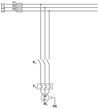 Электрическая схема, Станд. схема соединения, Цепь питания реверсивного контактора, K1 = контактор для пуска по ч. стр., F4 = реле защиты электродв-ля