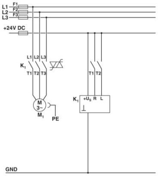 Электрическая схема, Схема с контактором CONTACTRON, Цепь питания и управления гибридного пускателя электродвигателя ,3 в 1,, K1 = Гибридный пускатель...