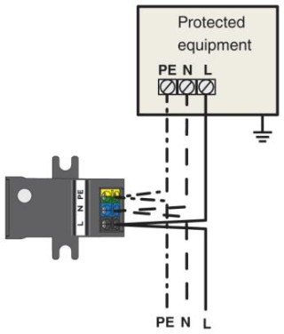 Схема применения, Монтаж непосредственно в защищаемый прибор, система TN-S/TT на 230 В - проходное соединение