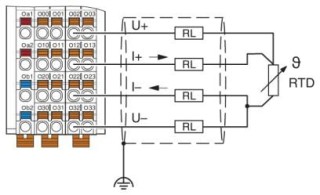Схема подключения, Пример подключения: с 4 проводниками для 3-проводного датчика с очень длинными подводящими проводами (> 100 м)